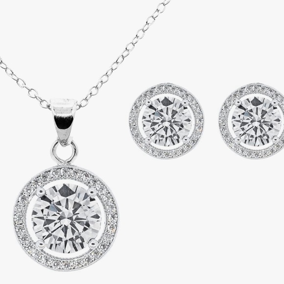 Cate & Chloe 18k White Gold Plated Halo Pendant Necklace & Crystal Stud Earrings - Picture 10 of 10